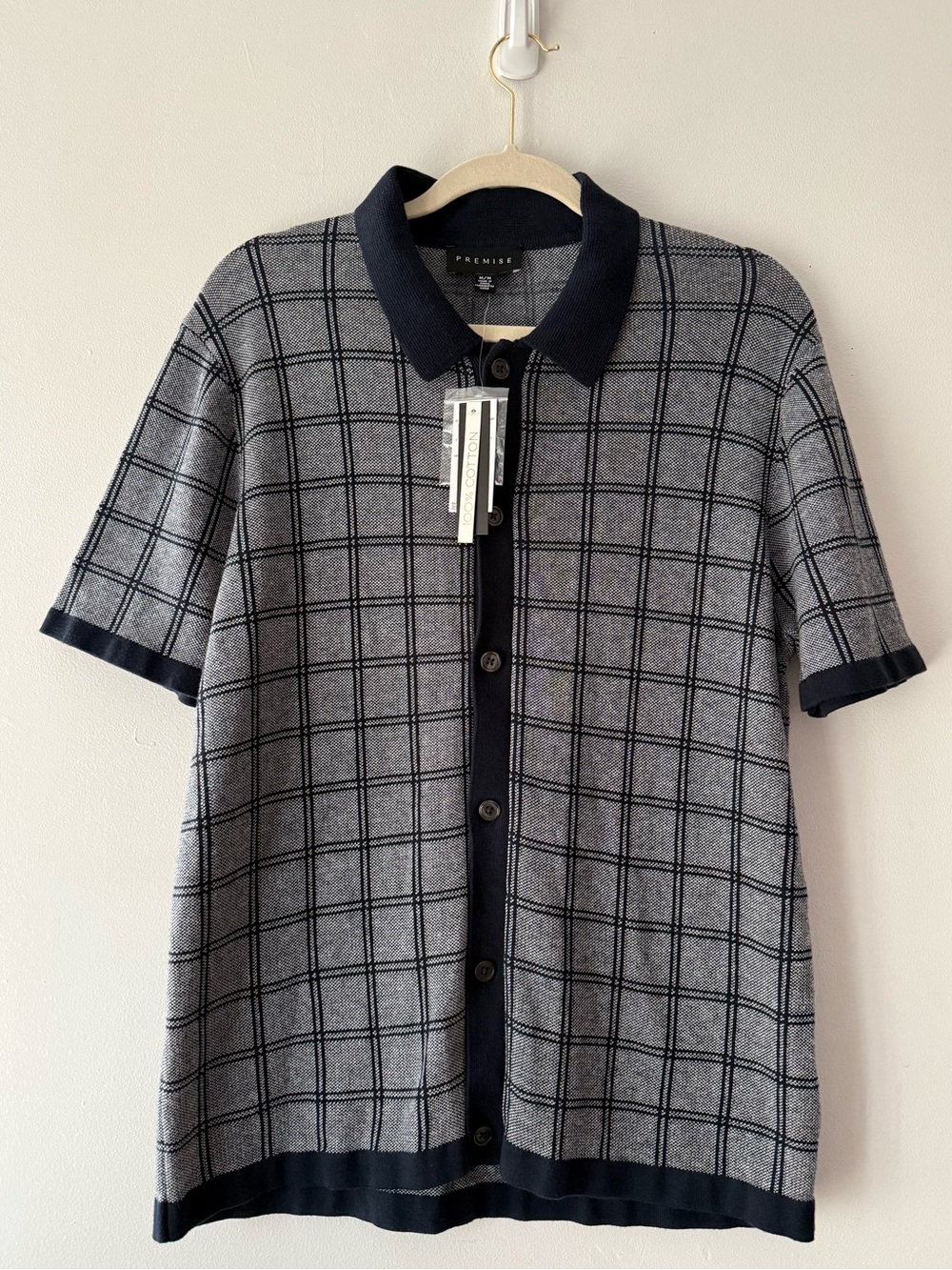 Premise NWT 100% Cotton Short-Sleeve Navy & Gray Windowpane Knit Polo Size Mediu